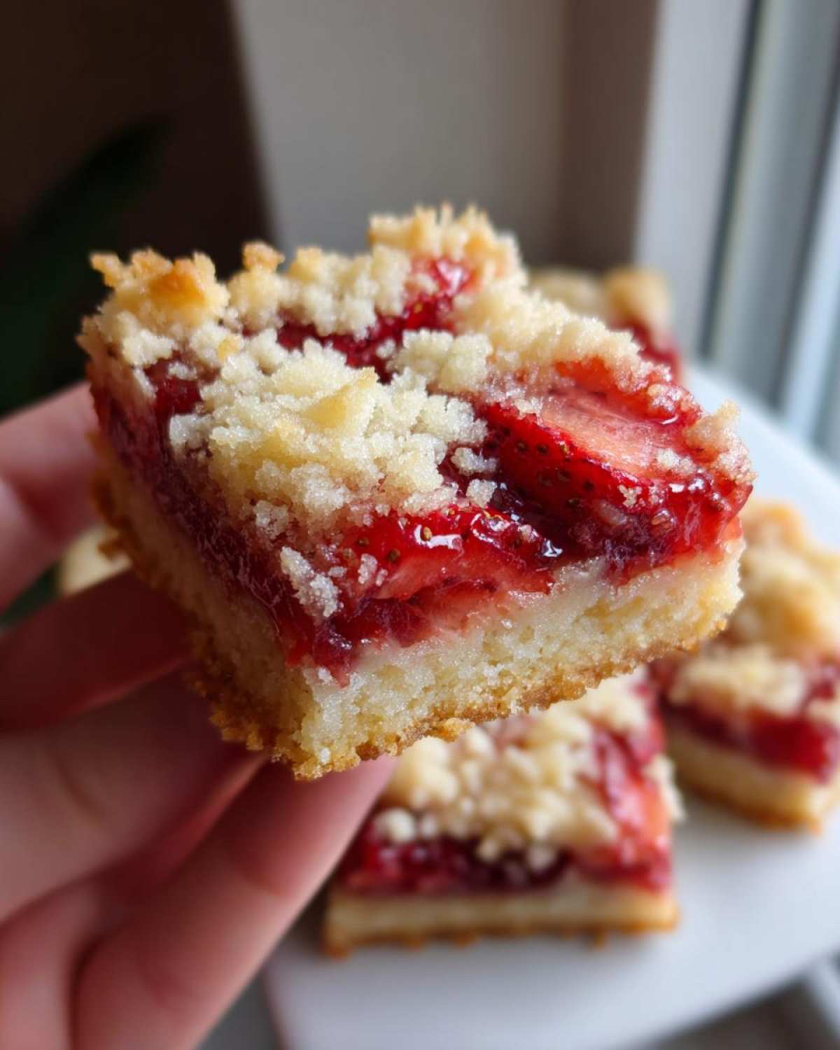 A hand holding up a thick square of Strawberry Shortbread Bars Summer Delight with a visible layer of bright red strawberries and crumb topping.