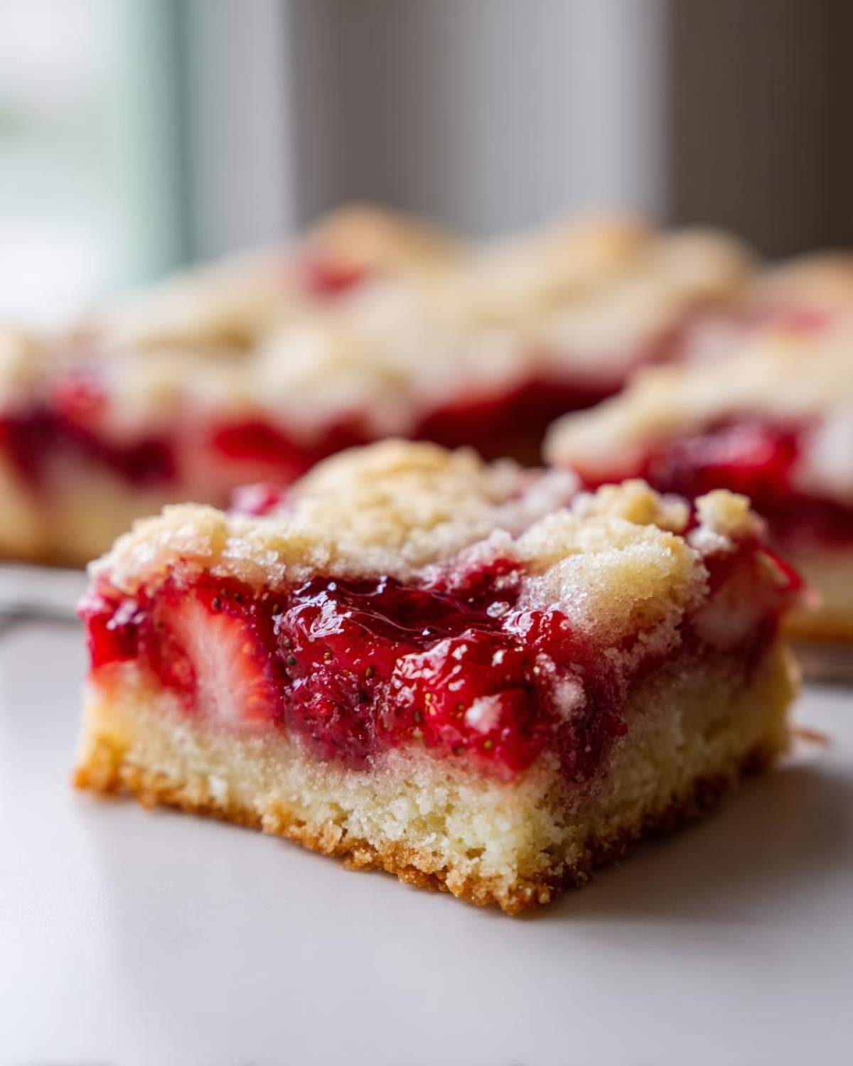 A close-up, mouthwatering shot of one slice of Strawberry Shortbread Bars Summer Delight showing the thick strawberry filling and crumb topping.