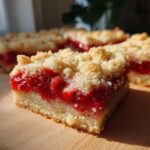 A close-up of a square slice of Strawberry Shortbread Bars Summer Delight showing the buttery base, thick strawberry filling, and crumbly topping.