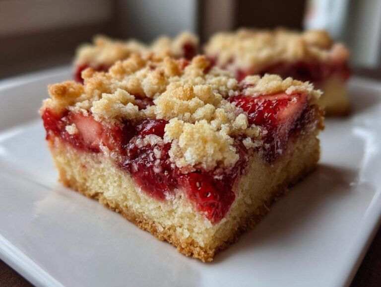 A close-up of a moist square of Strawberry Shortbread Bars Summer Delight with a thick layer of bright red strawberries and a crumbly topping.