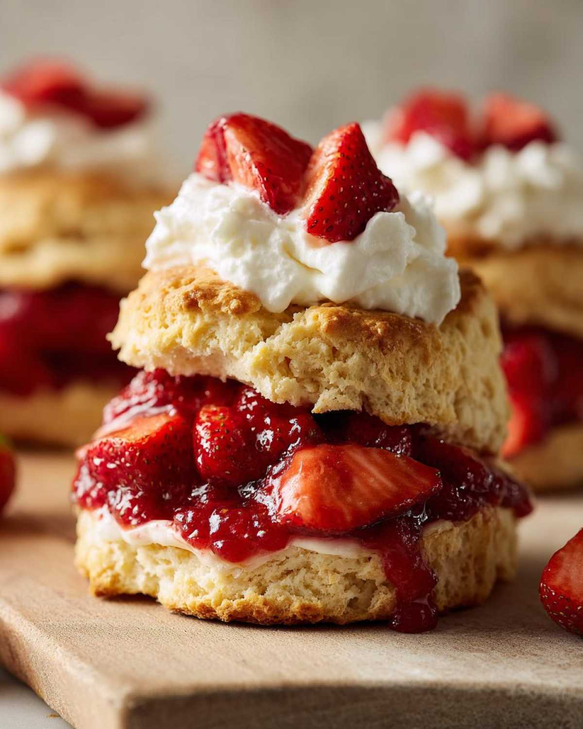 A delicious, layered strawberry shortcake biscuit filled with macerated strawberries and topped with whipped cream.