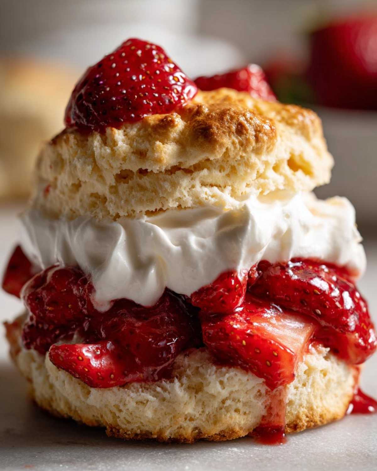 A close-up of a delicious strawberry shortcake featuring a split biscuit, whipped cream, and macerated strawberries.