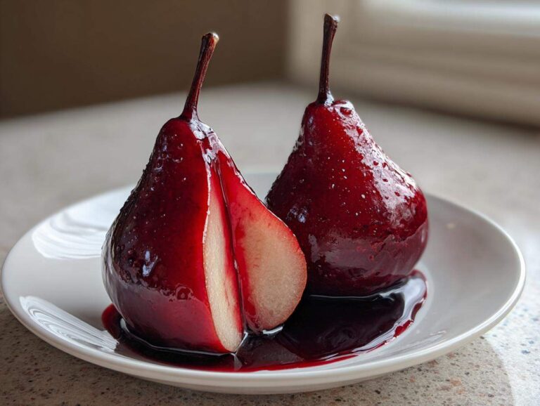 Two glistening red wine poached pears, one halved to show the white interior, served on a white plate.
