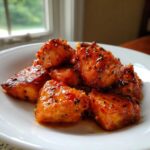 Close-up of glazed Sweet Chili Lime Salmon Bites piled in a white bowl, glistening with sauce and spices.