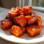 Close-up of glistening, orange Sweet Chili Lime Salmon Bites piled on a white plate, catching the sunlight.