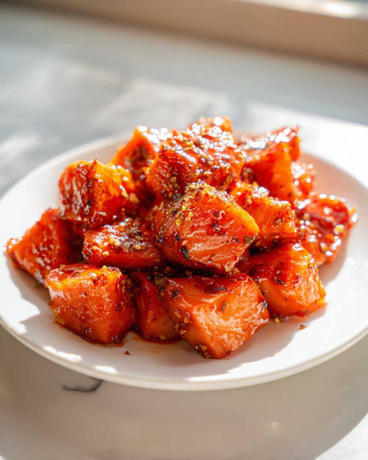 Close-up of glistening Sweet Chili Lime Salmon Bites, cubed and coated in a savory glaze and spices, served on a white plate.