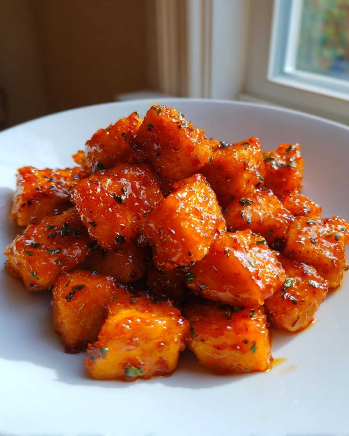 Close-up of glistening Sweet Chili Lime Salmon Bites piled high on a white plate, coated in a vibrant orange glaze with herbs.