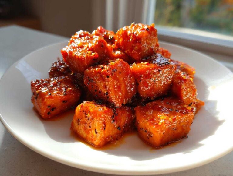 Close-up of glistening, orange Sweet Chili Lime Salmon Bites piled on a white plate, catching the sunlight.