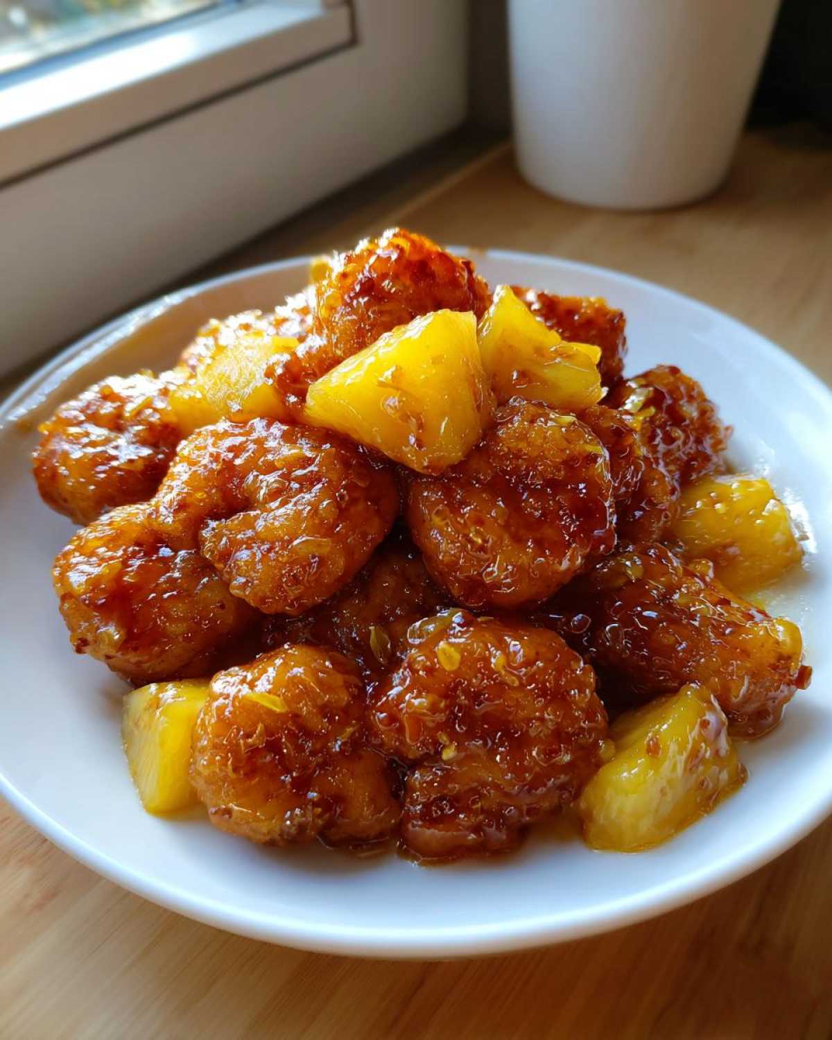 Close-up of crispy, glazed Sweet Chili Pineapple Shrimp mixed with chunks of pineapple on a white plate.