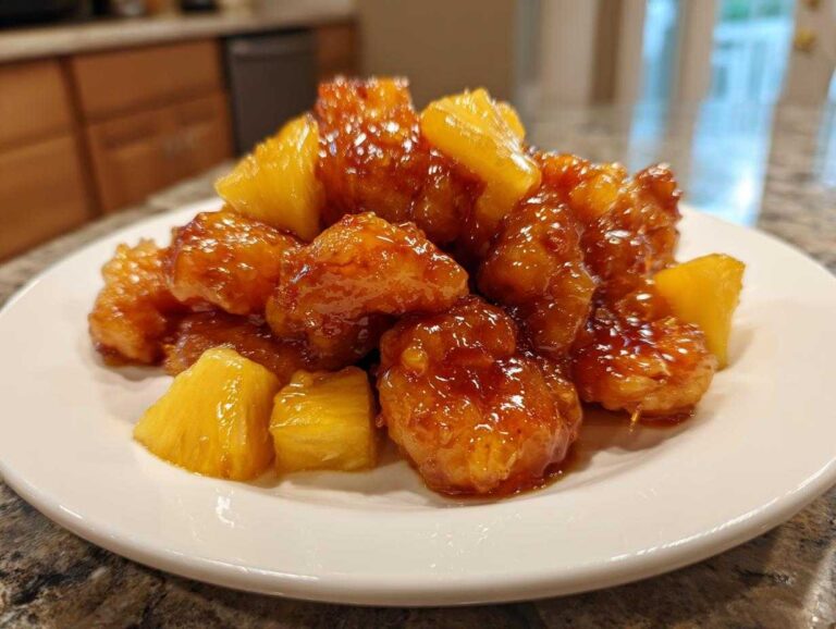 Close-up of glistening Sweet Chili Pineapple Shrimp piled high on a white plate.