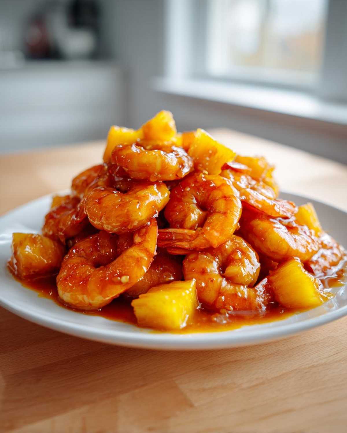 A close-up of a white plate piled high with glossy Sweet Chili Pineapple Shrimp and chunks of pineapple.