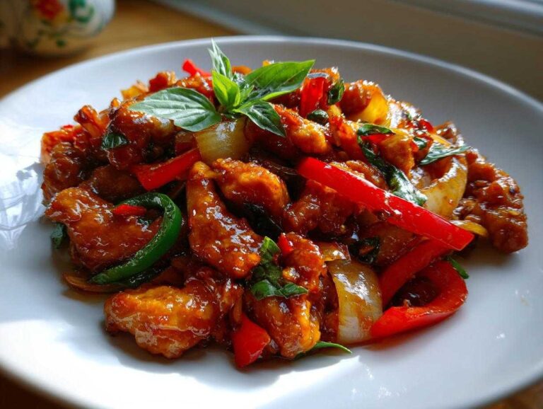 Guaranteed 3-Minute Sweet Spicy Thai Chicken Joy A close-up of glistening Sweet Spicy Thai Chicken stir-fry with red peppers, onions, and fresh basil garnish.