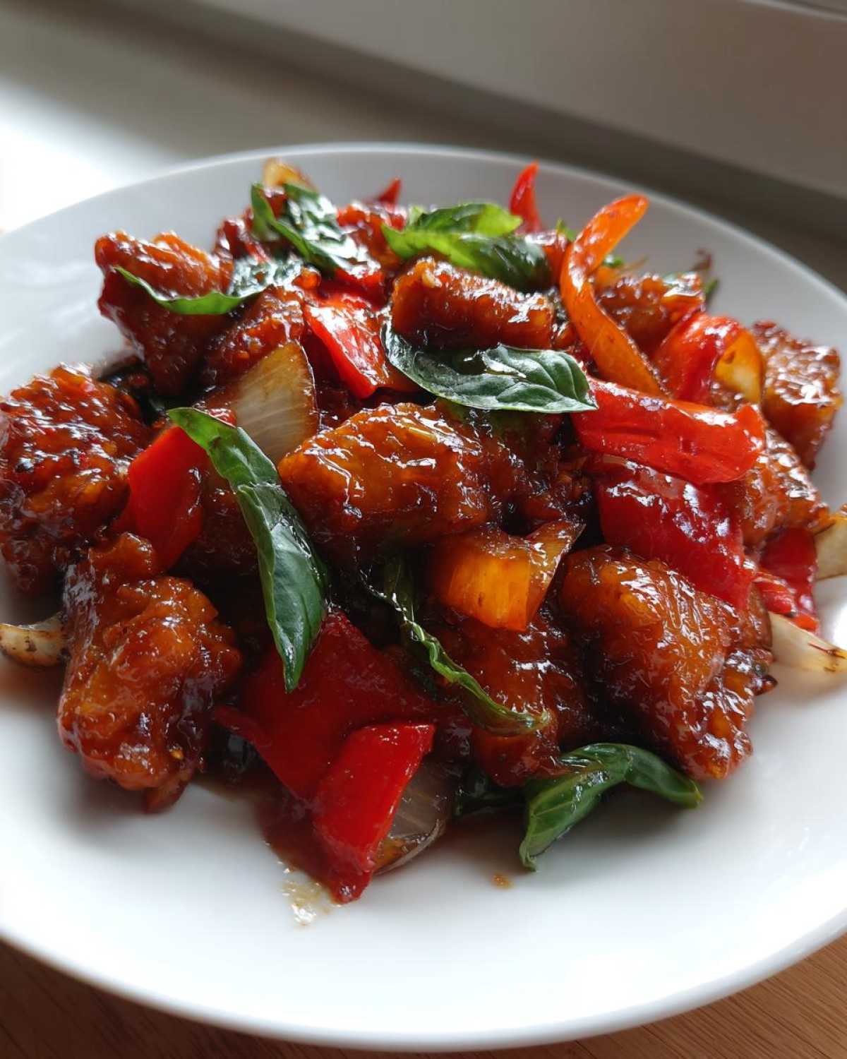 Close-up of glossy Sweet Spicy Thai Chicken pieces mixed with red peppers and basil leaves on a white plate.