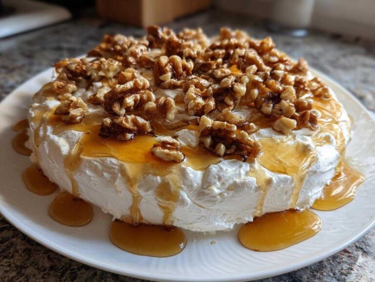 A mound of sweet whipped ricotta dip topped generously with walnuts and drizzled with golden honey.