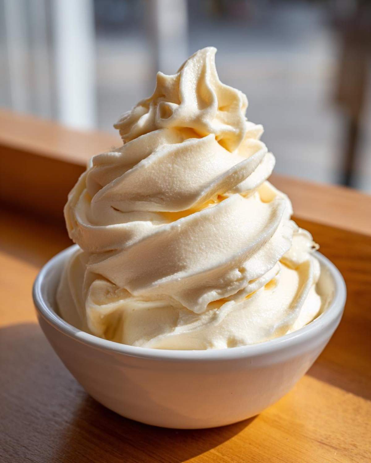 A perfect swirl of creamy, pale yellow banana ice cream served in a small white bowl.