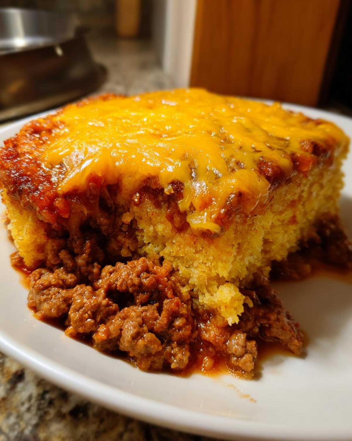 A generous slice of tamale pie showing a cornbread top layered with chili and melted cheddar cheese over a hearty ground beef base.