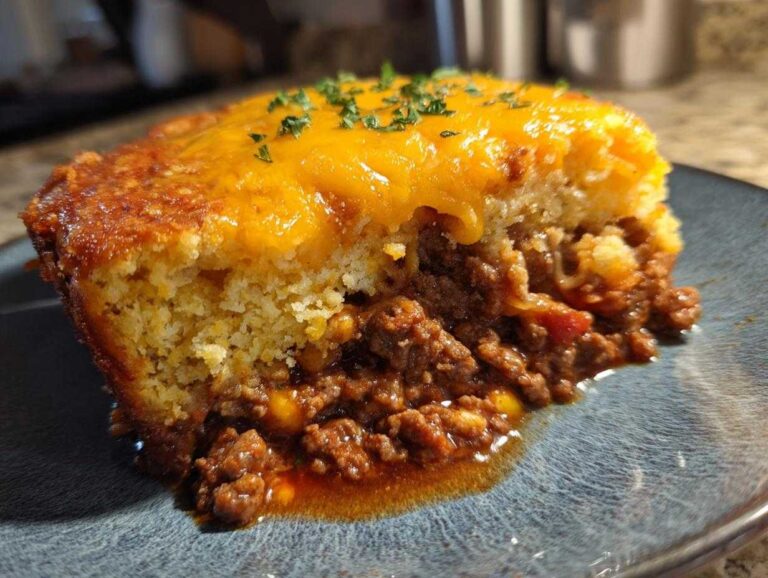 Amazing 15-Minute Tamale Pie Comfort Close-up of a hearty slice of tamale pie showing a thick layer of seasoned ground beef filling topped with golden cornbread and melted cheddar cheese.