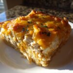 A close-up slice of rich Texas King Ranch Chicken Casserole with shredded chicken and melted cheddar cheese topping.