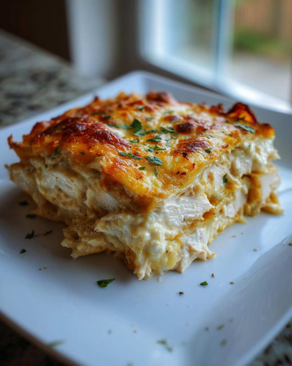 A generous slice of baked Texas King Ranch Chicken Casserole with creamy filling and melted, browned cheese topping.