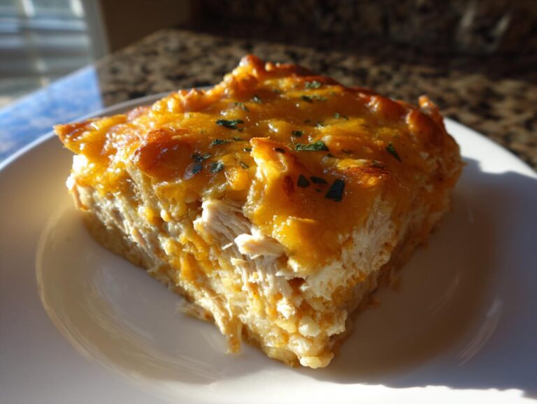 Amazing Texas King Ranch Chicken Casserole Now A close-up slice of rich Texas King Ranch Chicken Casserole with shredded chicken and melted cheddar cheese topping.