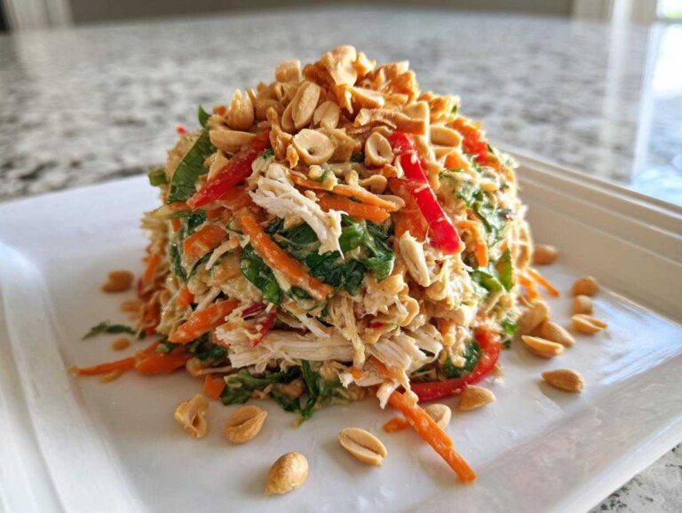 A mound of vibrant thai chicken salad featuring shredded chicken, carrots, red peppers, and topped with crushed peanuts.