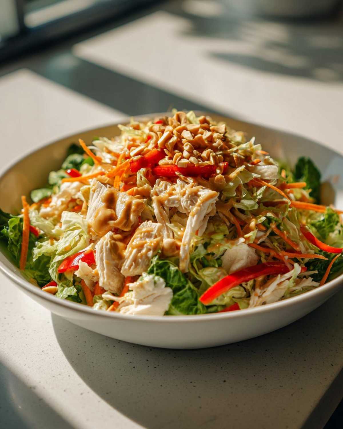 A vibrant bowl of thai chicken salad featuring shredded chicken, crisp lettuce, carrots, red peppers, and topped with peanut dressing and crushed peanuts.