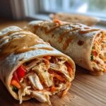 Close-up of two finished Thai Chicken Wrap Recipe portions drizzled with peanut sauce on a wooden board.