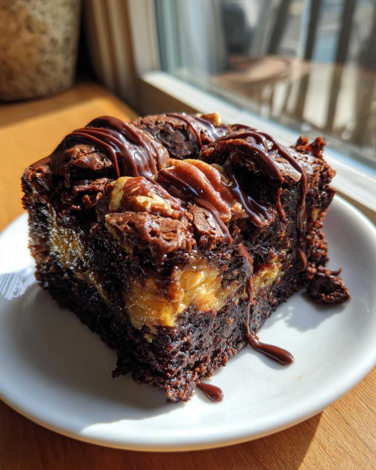 A rich, fudgy slice of turtle brownies with a caramel layer, pecans, and chocolate drizzle.
