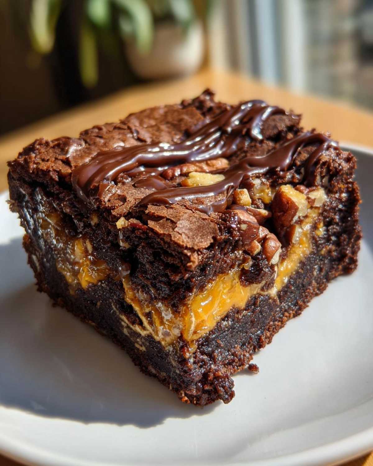 Close-up of a rich, fudgy slice of turtle brownies showing a gooey caramel layer, pecans, and chocolate drizzle.