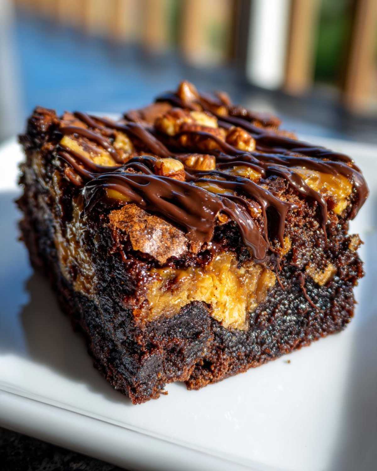 A close-up of a rich, fudgy slice of turtle brownies topped with caramel, pecans, and a chocolate drizzle.