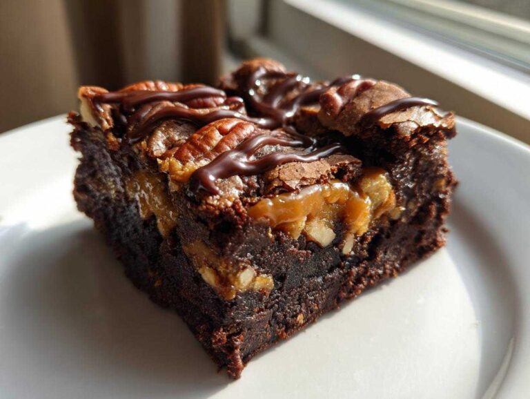 Close-up of a rich, fudgy turtle brownies square topped with pecans, caramel, and chocolate drizzle.