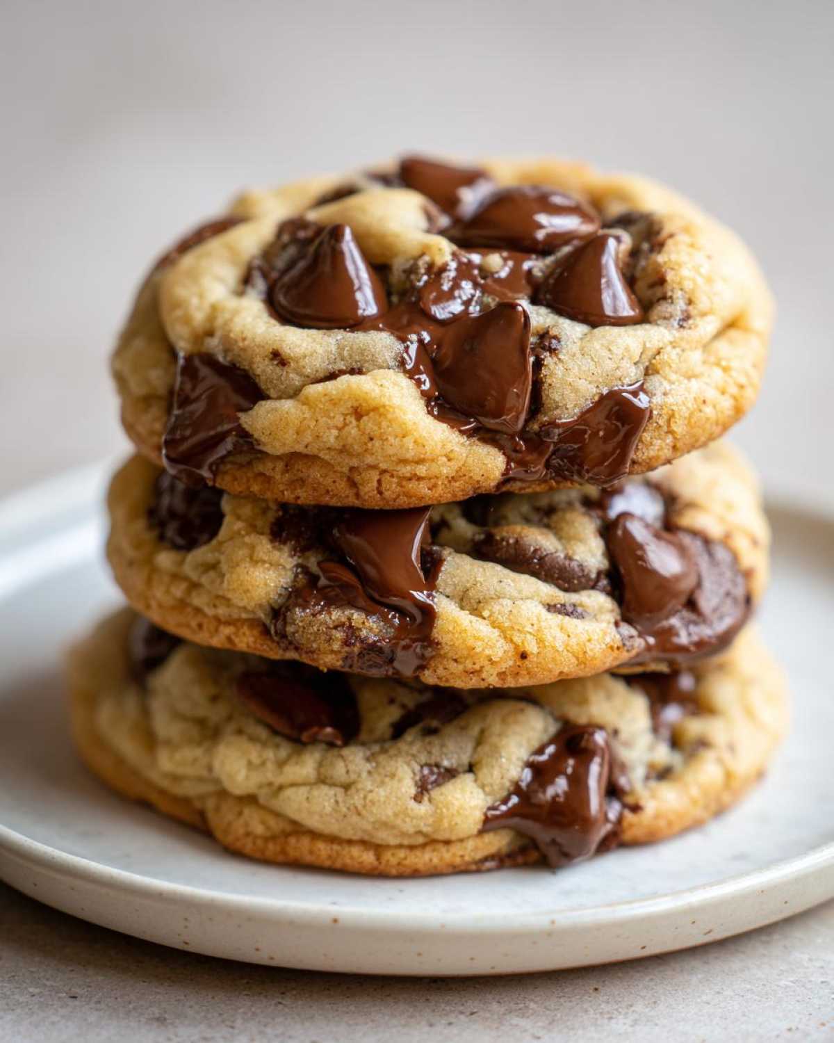 A stack of three perfectly baked, thick, and chewy chocolate chip cookies with melted chocolate chips.