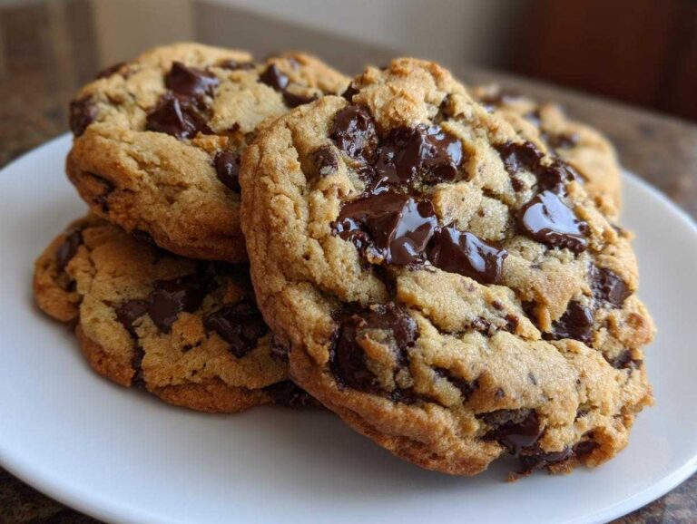 A stack of three perfectly baked, thick, and chewy chocolate chip cookies with melted chocolate chunks on a white plate.