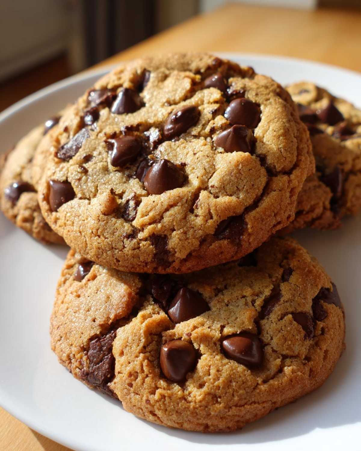 Close-up of several golden-brown, thick, and chewy chocolate chip cookies piled on a white plate.