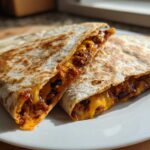 Close-up of two halves of a toasted Vegan Black Bean Quesadillas showing a rich, savory filling and melted vegan cheese.