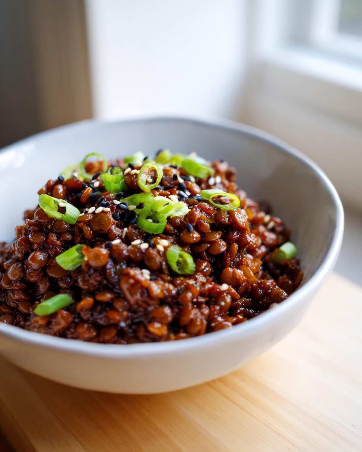 A close-up of a white bowl filled with glossy Vegan Korean Bulgogi Lentils, topped with sliced green onions and sesame seeds.