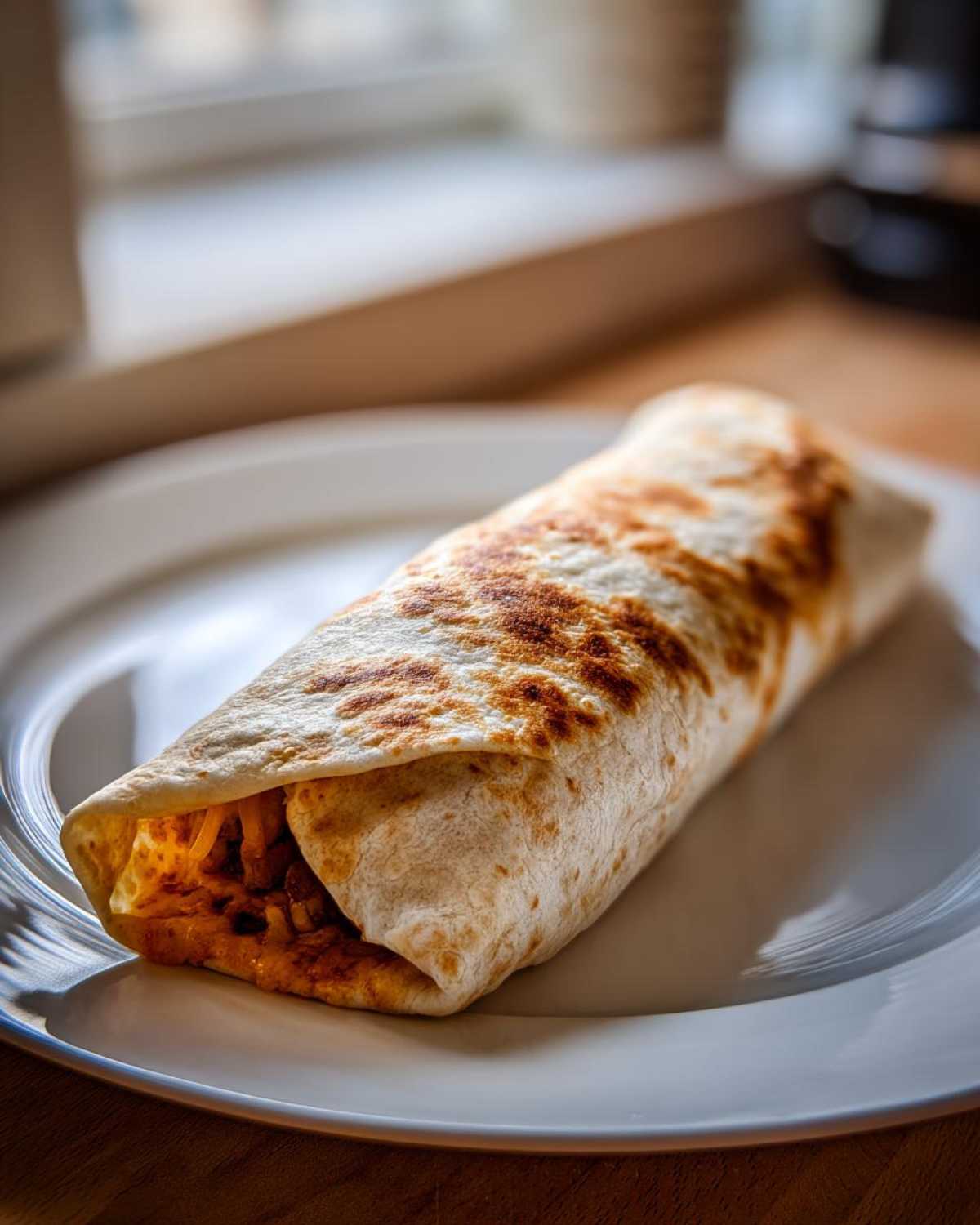 A close-up of a golden-brown, grilled Vegetarian Bean Cheese Burrito resting on a white plate.