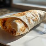 A close-up of a perfectly grilled Vegetarian Bean Cheese Burrito showing melted cheese and rice filling, resting on a white plate.