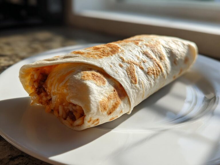 6 Amazing Vegetarian Bean Cheese Burritos A close-up of a perfectly grilled Vegetarian Bean Cheese Burrito showing melted cheese and rice filling, resting on a white plate.