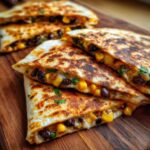 Close-up of golden-brown Vegetarian Quesadillas filled with melted cheese, black beans, and corn, stacked on a wooden board.