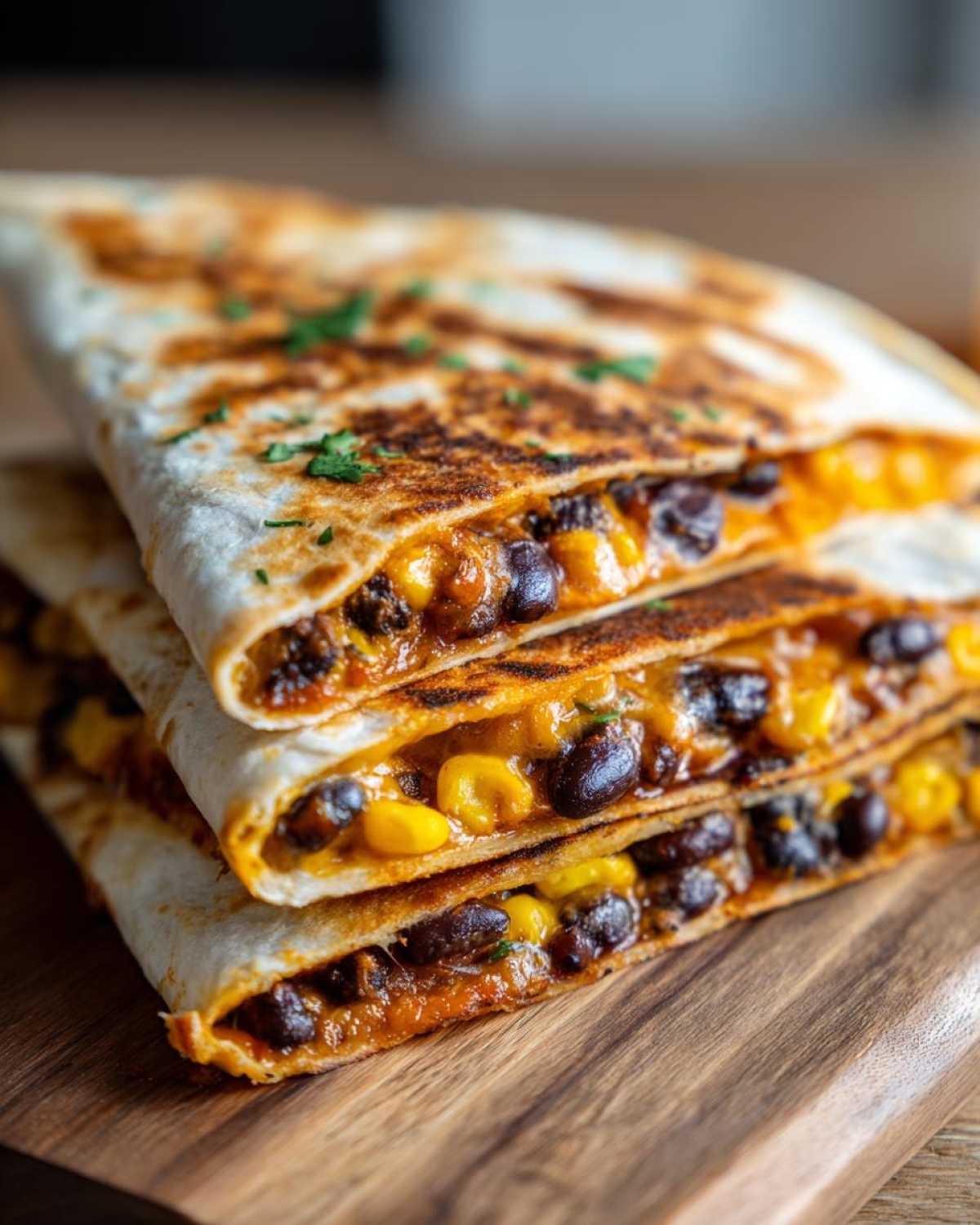 Close-up of a stack of three golden-brown Vegetarian Quesadillas filled with melted cheese, black beans, and corn.
