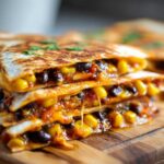 Stack of cheesy Vegetarian Quesadillas filled with black beans and corn, served on a wooden board.