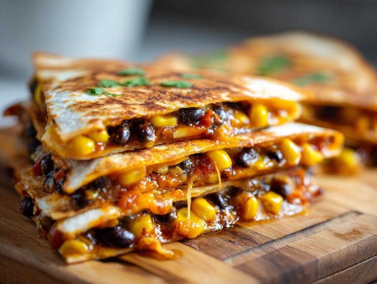 Stack of cheesy Vegetarian Quesadillas filled with black beans and corn, served on a wooden board.