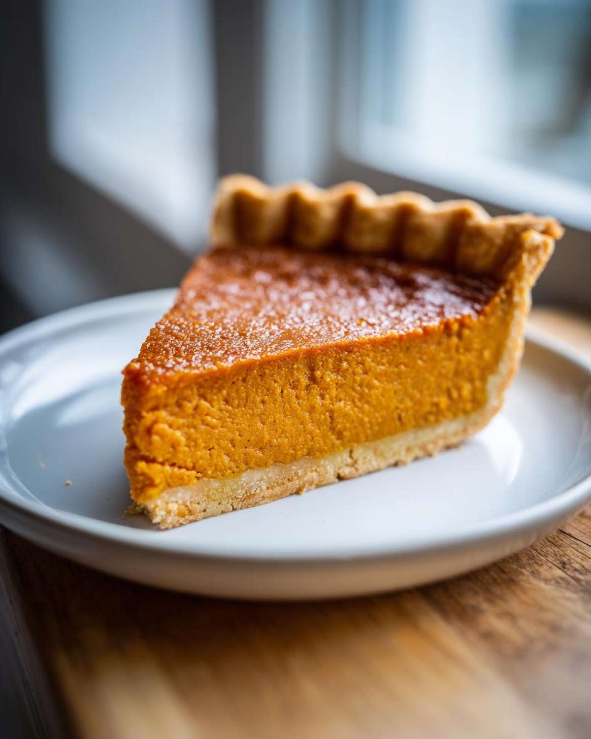 A close-up of a perfect slice of rich, orange sweet potato pie with a flaky crust, sitting on a white plate.