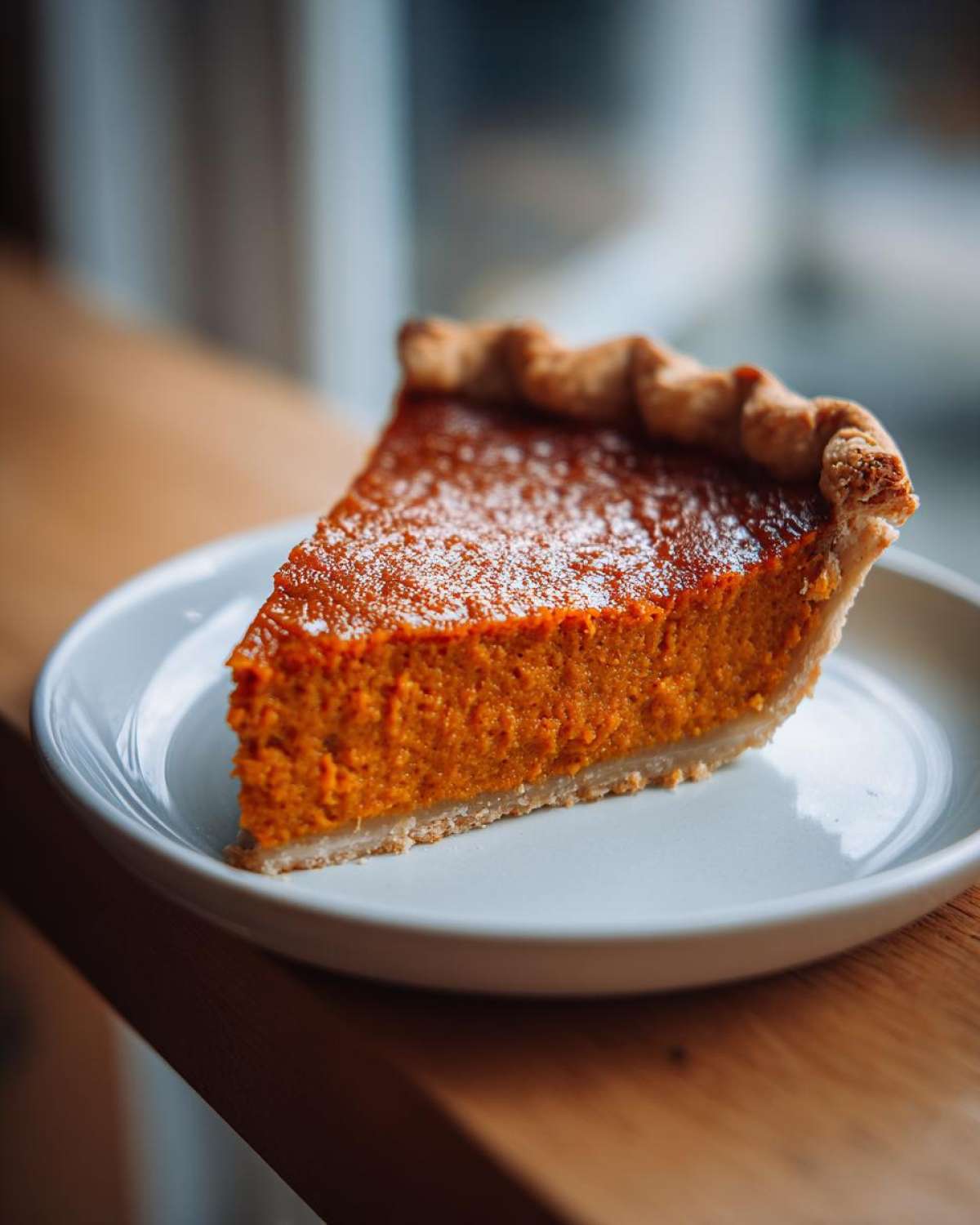 A close-up of a perfectly baked slice of sweet potato pie with a rich orange filling and crimped crust, dusted with powdered sugar.