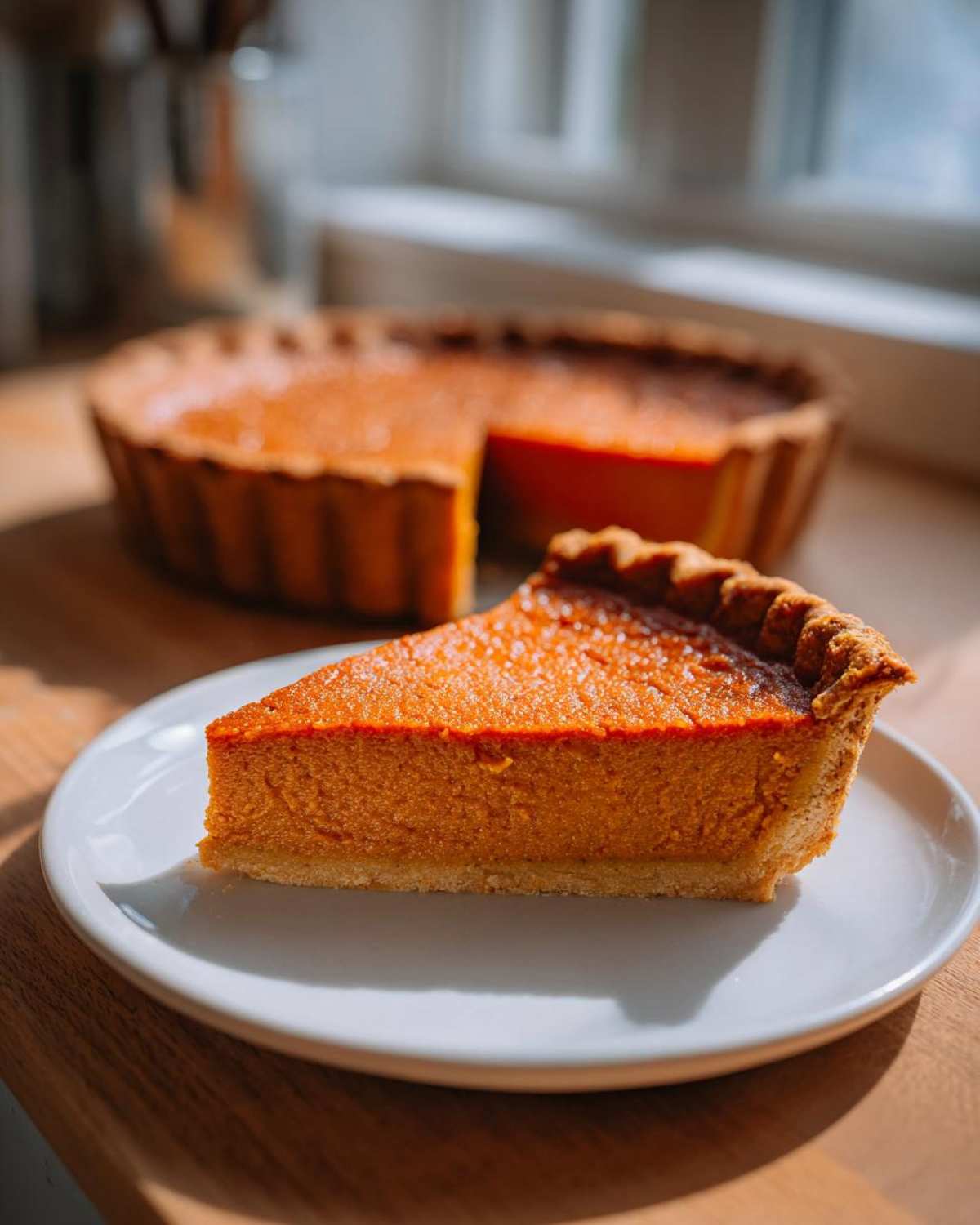 A close-up of a perfect slice of rich orange sweet potato pie served on a white plate, with the rest of the sweet potato pie in the background.
