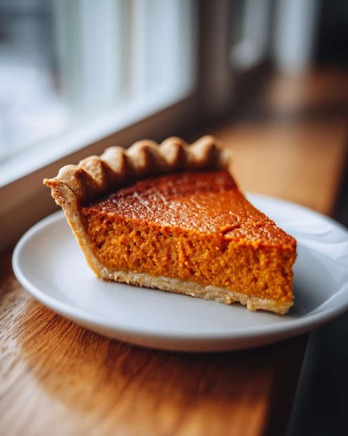 A close-up of a perfect slice of sweet potato pie with a flaky crust, resting on a white plate.