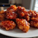 Close-up of crispy chicken pieces coated in glossy, spicy Very Affordable Sweet Chili Chicken sauce on a white plate.