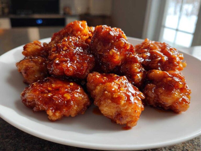 Close-up of crispy chicken pieces coated in glossy, spicy Very Affordable Sweet Chili Chicken sauce on a white plate.