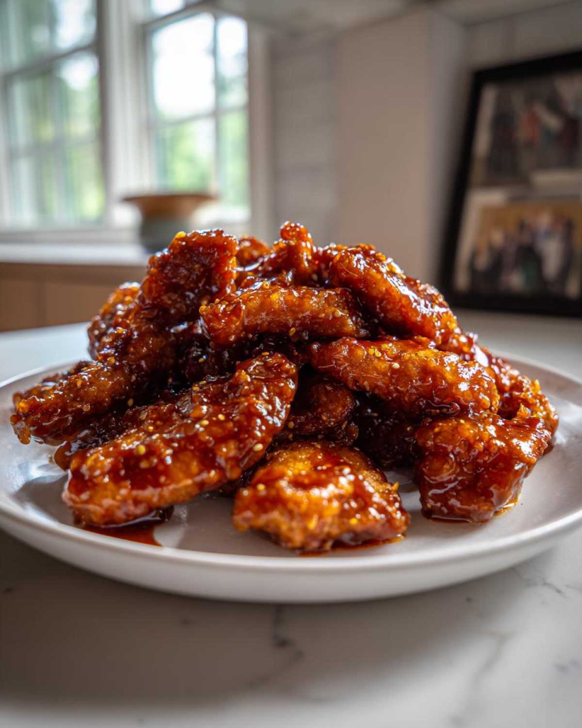 A close-up of a pile of glossy, sticky Very Affordable Sweet Chili Chicken pieces served on a white plate.
